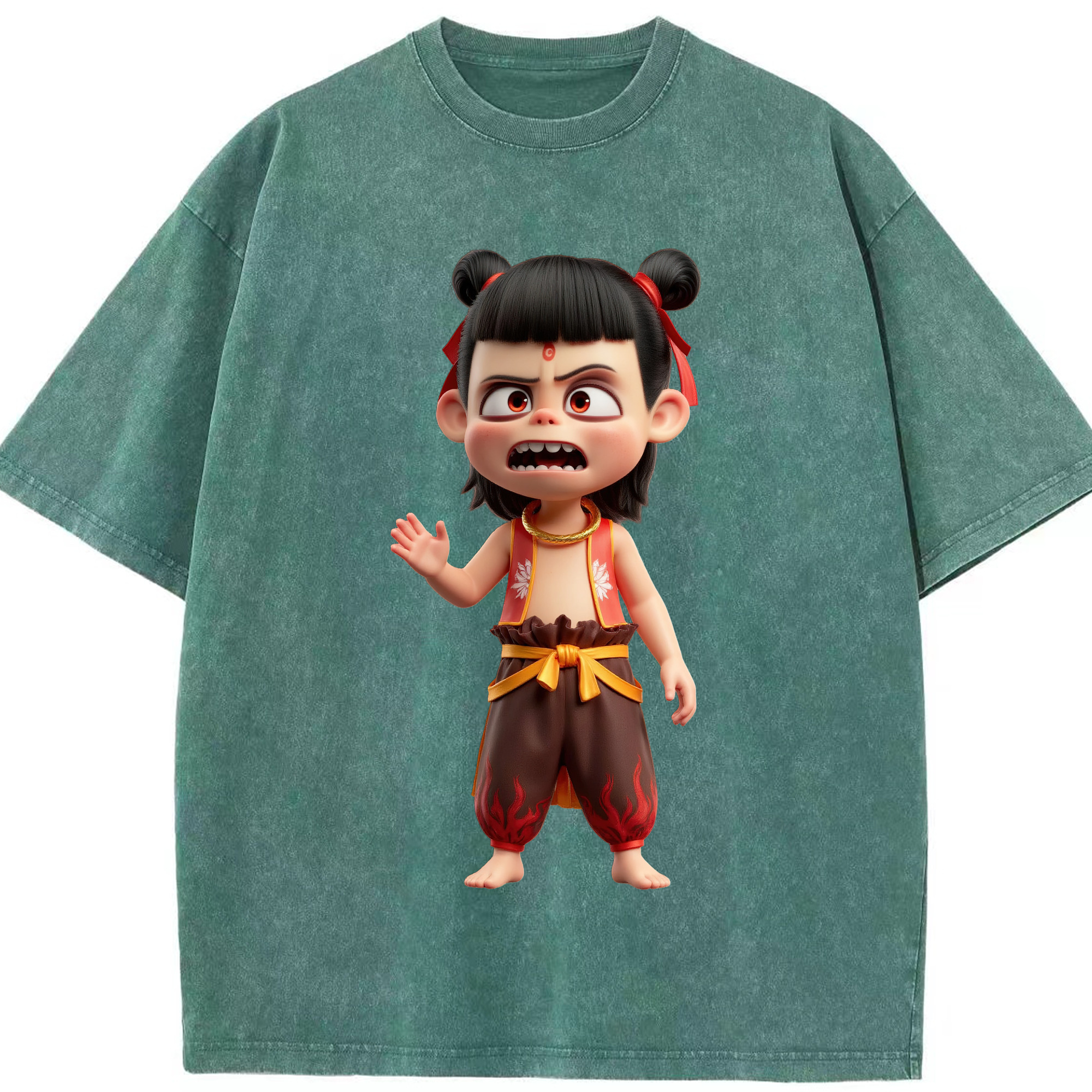 （画像用） Ne Zha 2 ナタ 魔童の大暴れ 綿100% ヴィンテージ風 半袖Tシャツ（フロントプリント）